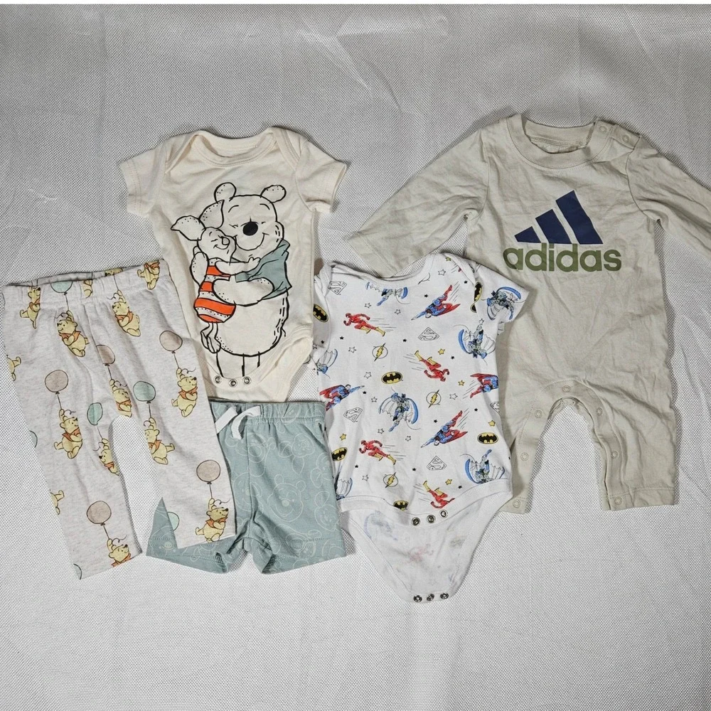 Baby Clothes Lot 0-3M Disney Winnie Pooh Adidas Romper DC Justice League 5pc